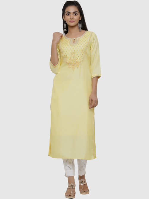 Juniper Yellow Embellished Straight Kurta Price in India