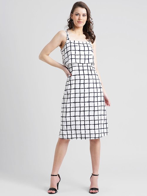 Zink London White Checks Knee Length Dress Price in India