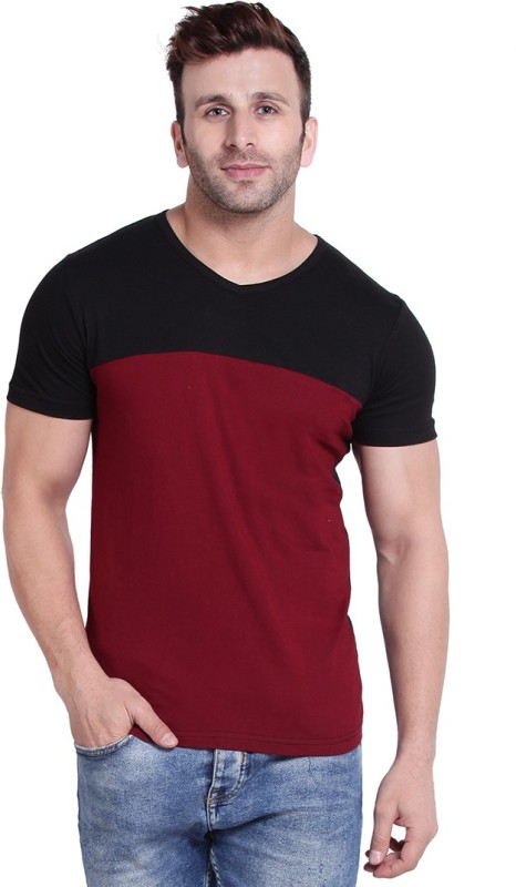 Color Block Men Round Neck Maroon T-Shirt Price in India