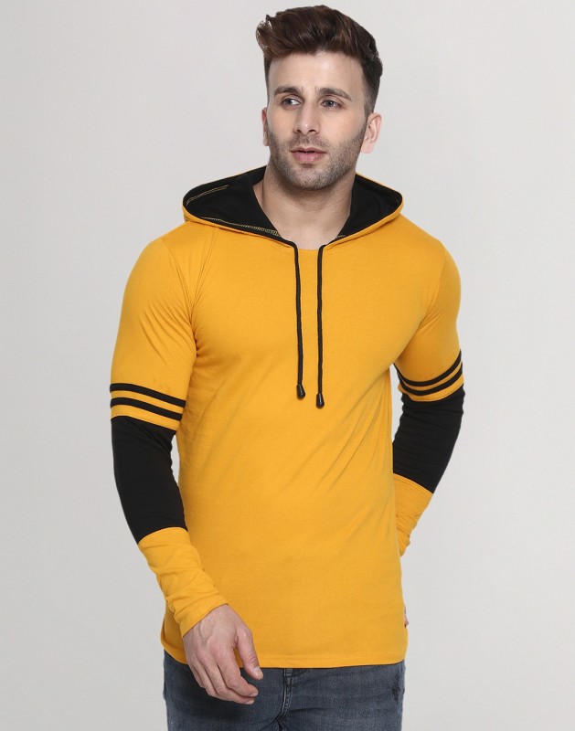 Solid Men Hooded Neck Yellow T-Shirt Price in India