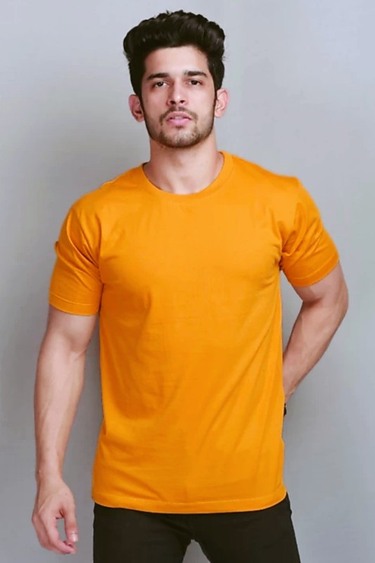 Solid Men Round Neck Orange T-Shirt Price in India