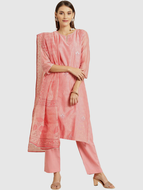 Soch Pink Embroidered Kurta Pant Set With Dupatta Price in India