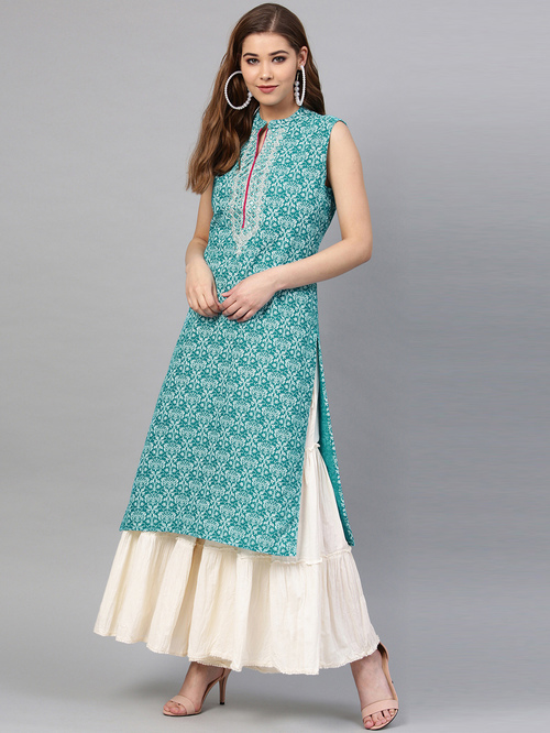 Juniper Teal Blue Cotton Printed Straight Kurta Price in India