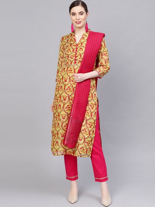 Jaipur Kurti Yellow & Pink Embroidered Kurti Pant Set With Dupatta Price in India