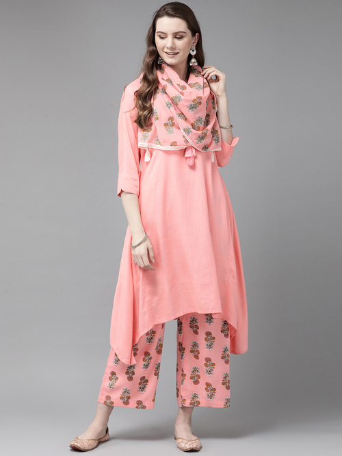 Juniper Blush Pink Kurta Palazzo Set With Scarf Price in India