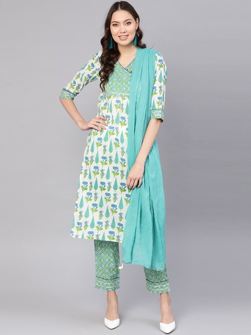 Jaipur Kurti White & Turquoise Cotton Floral Print Kurti Pant Set Price in India