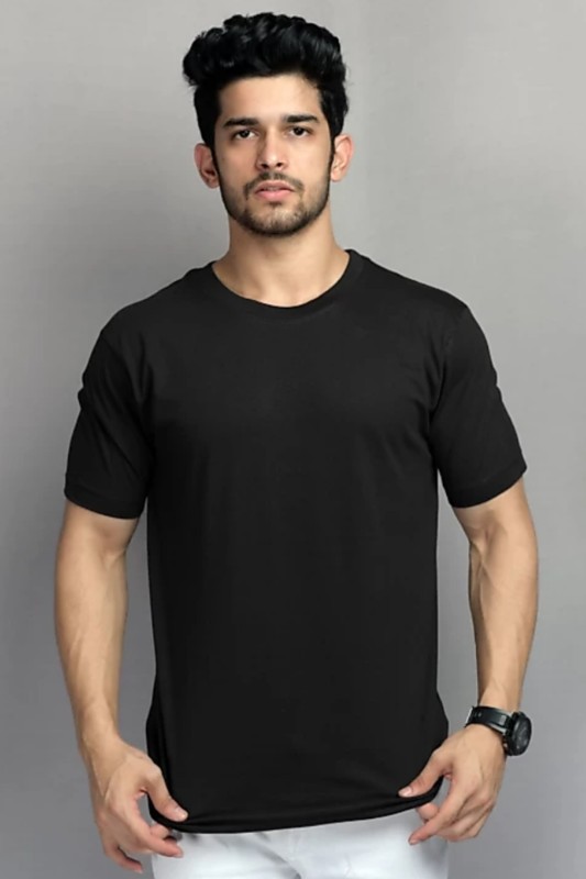 Solid Men Round Neck Black T-Shirt Price in India