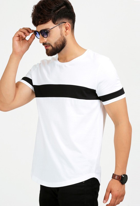 Color Block Men Round Neck White, Black T-Shirt Price in India