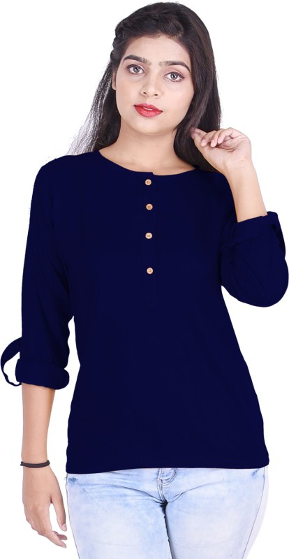 Casual Roll-up Sleeve Solid Women Dark Blue Top Price in India