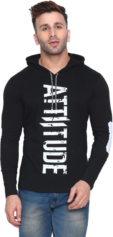 Printed Men Hooded Neck Black T-Shirt Price in India