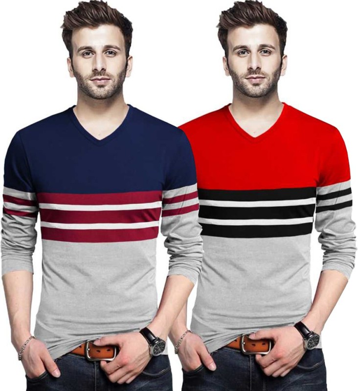 Color Block Men V Neck Multicolor T-Shirt Price in India