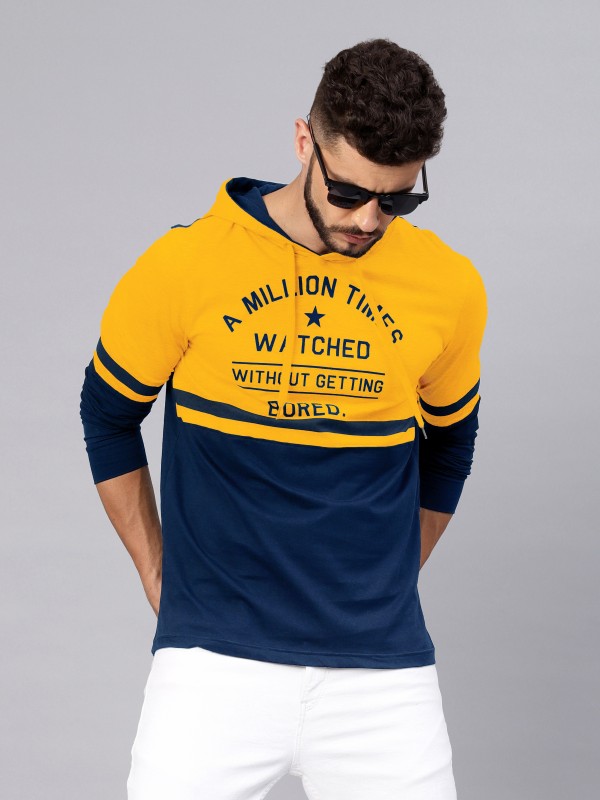 Printed Men Hooded Neck Dark Blue, Yellow T-Shirt Price in India
