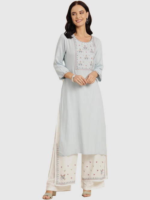 Soch Powder Blue & White Embroidered Kurta Palazzo Set Price in India