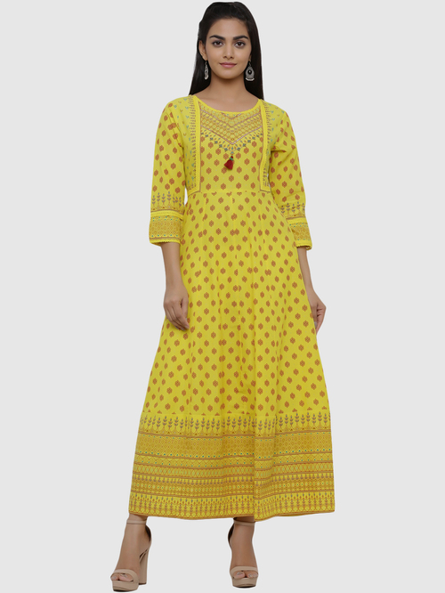 Juniper Yellow Printed Anarkali Kurta Price in India