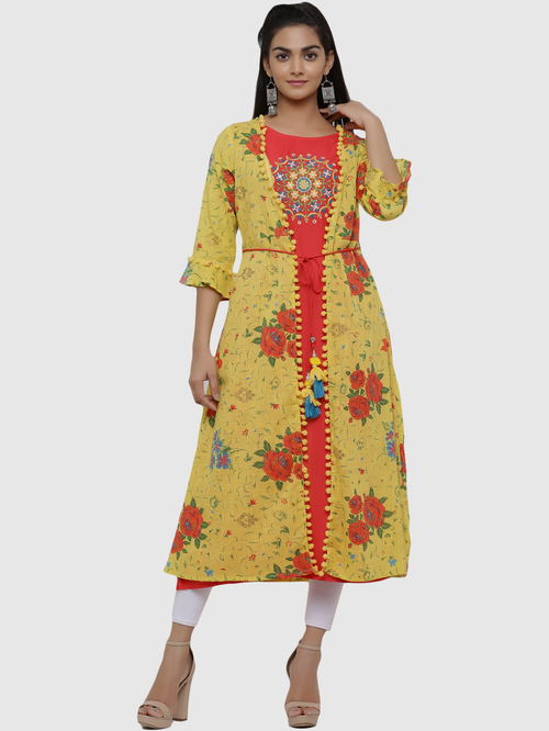 Juniper Mustard & Red Embroidered A Line Kurta Price in India