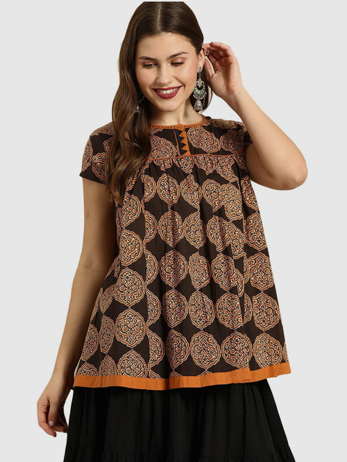 Soch Brown Pure Cotton Printed Tunic Price in India