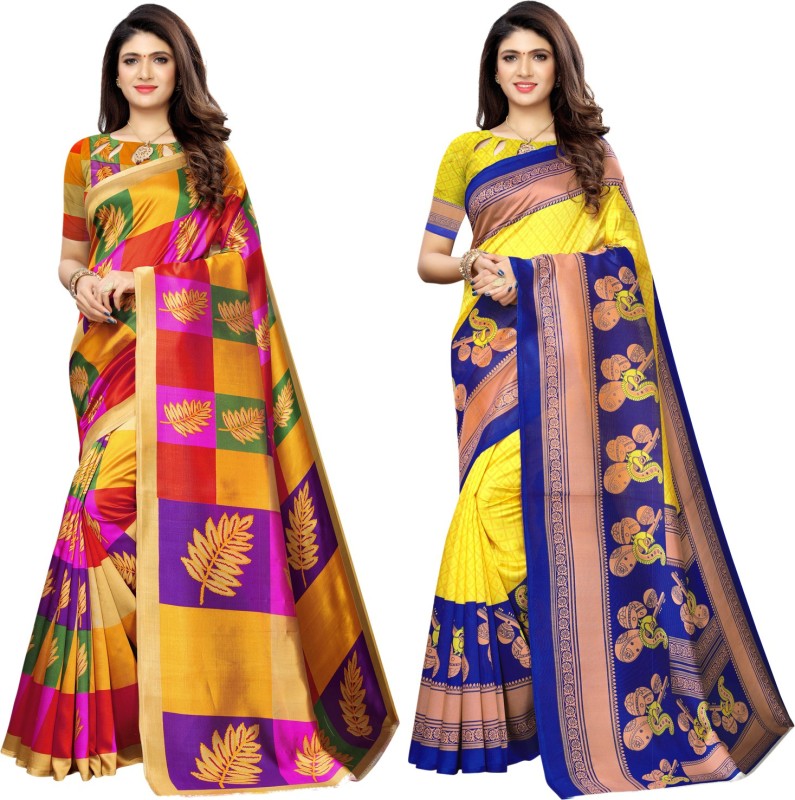 Printed, Color Block Banarasi Cotton Silk Saree Price in India