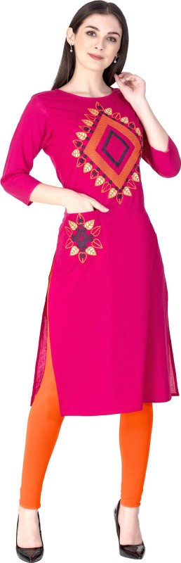 Women Embroidered Cotton Blend Straight Kurta Price in India