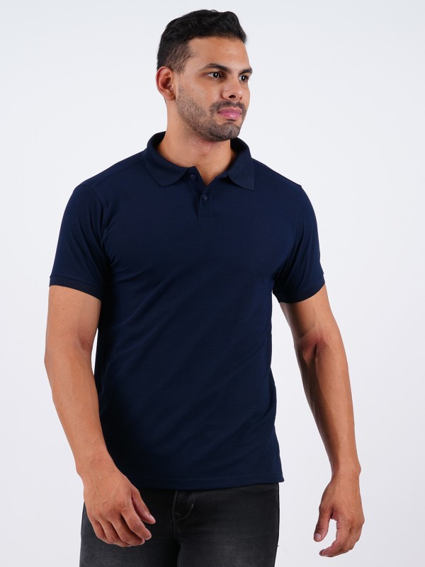 Solid Men Polo Neck Dark Blue T-Shirt Price in India