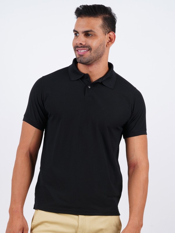 Solid Men Polo Neck Black T-Shirt Price in India