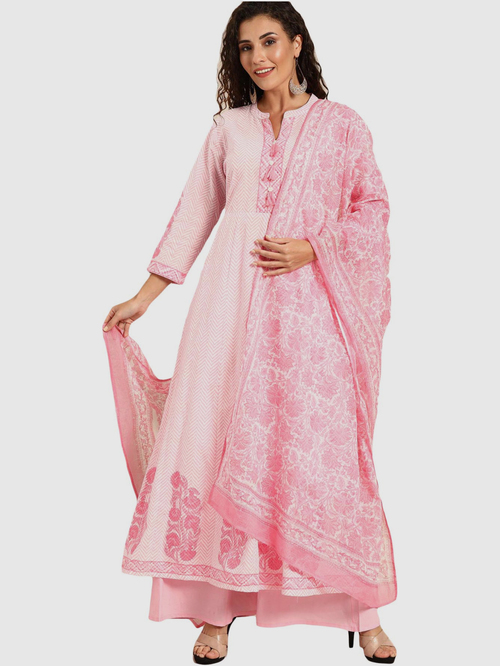 Soch Pink Cotton Floral Print Kurta Palazzo Set With Dupatta Price in India