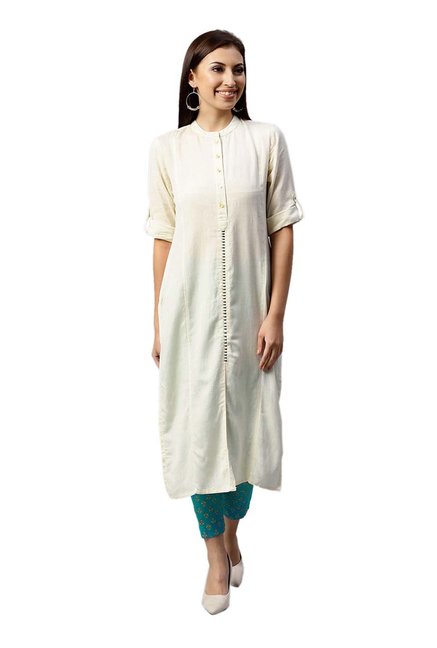 Juniper Off White Regular Fit Rayon Long Kurta Price in India