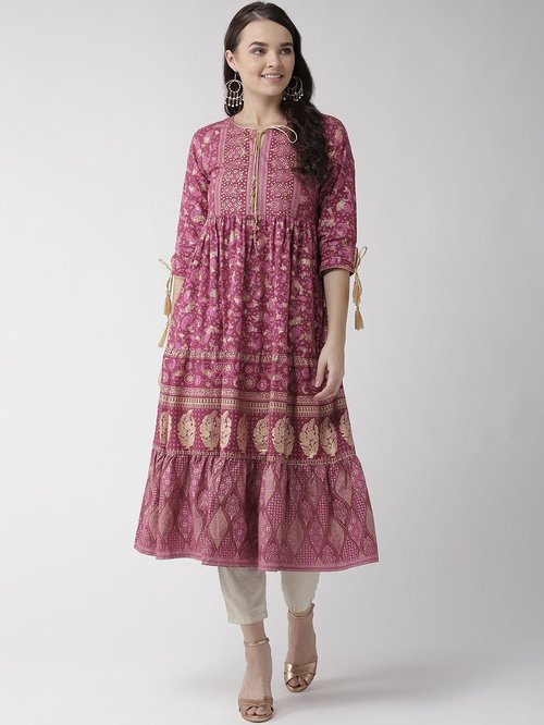 Rangmayee Magenta Cotton Floral Print A Line Kurti Price in India