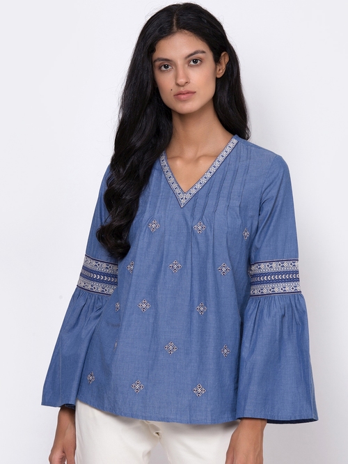 Rooted Denim Blue Embroidered Top Price in India