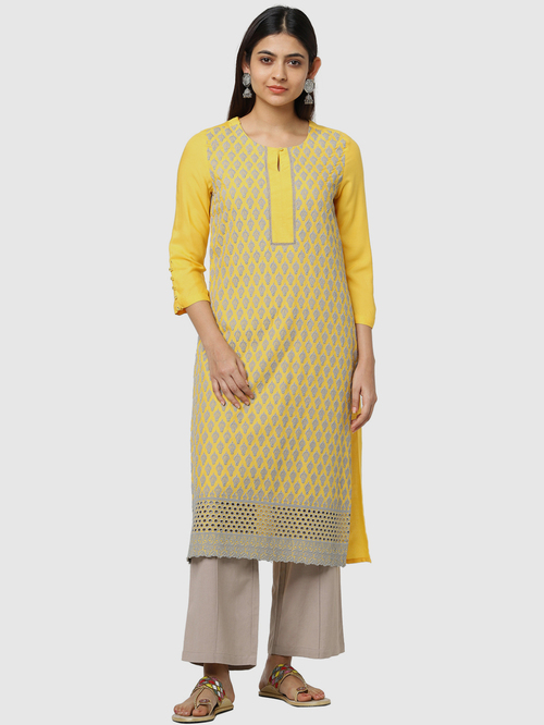 Naari Yellow Embroidered Straight Kurta Price in India