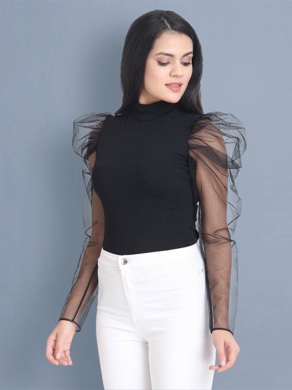 Casual Juliet Sleeve Self Design Women Black Top Price in India