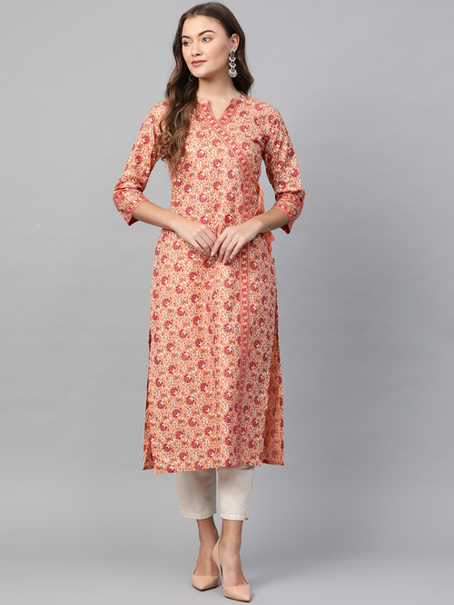 KSUT Peach Cotton Floral Print Straight Kurta Price in India