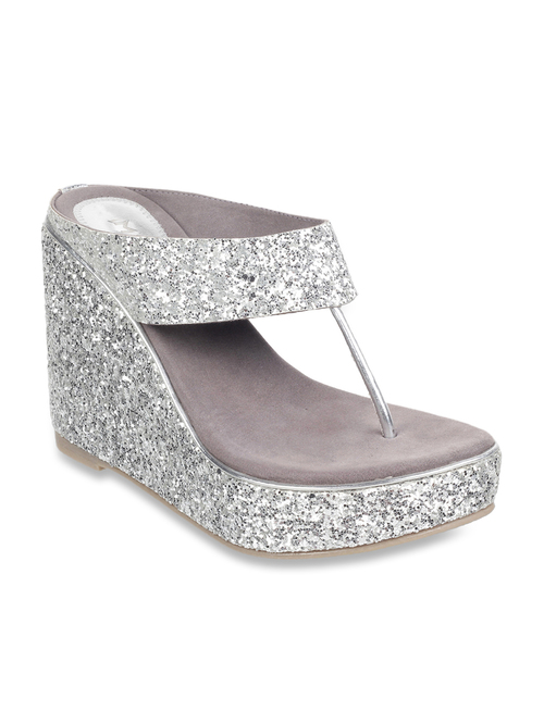 Mochi Silver T-Strap Wedges Price in India