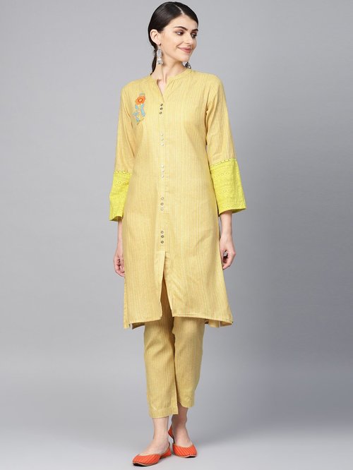 Juniper Yellow Cotton Striped Kurti Pant Set Price in India