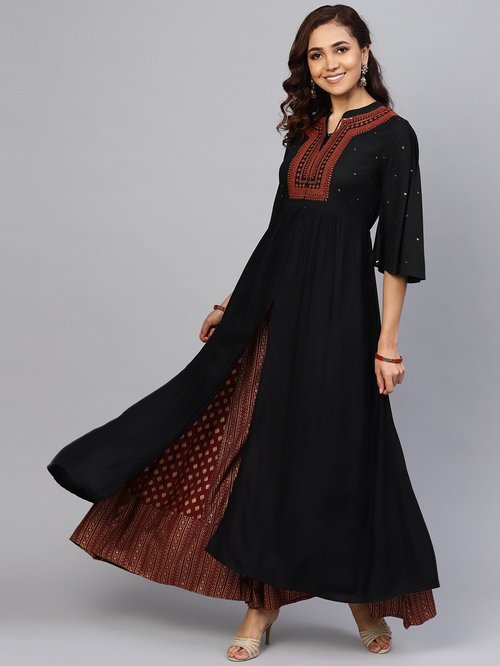 Juniper Black Embroidered A Line Kurti Price in India