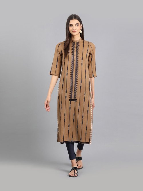 W Brown Striped Straight Kurta Price in India