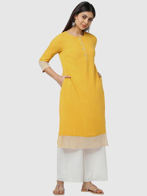 Naari Mustard Embroidered Straight Kurta Price in India