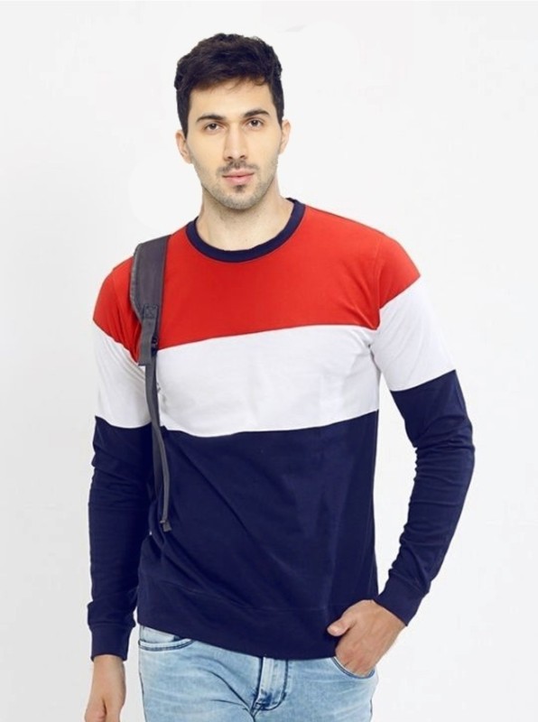 Color Block Men Round Neck Dark Blue, Red, White T-Shirt Price in India