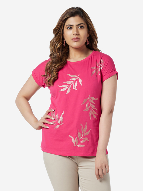 Gia Curve by Westside Pink Leaf Patterned T-Shirt Price in India