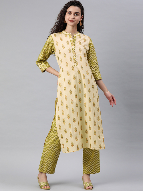 Juniper Beige & Green Printed Kurta Pant Set Price in India