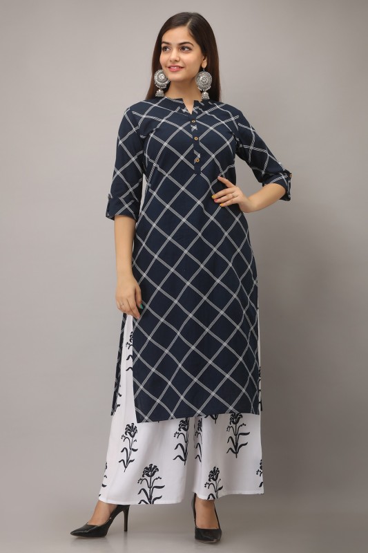 Women Checkered Pure Cotton Straight Kurta Price in India