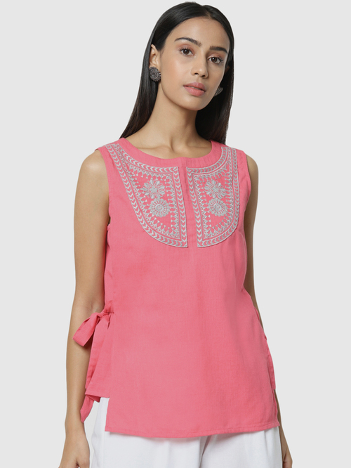 Naari Pink Cotton Embroidered Top Price in India