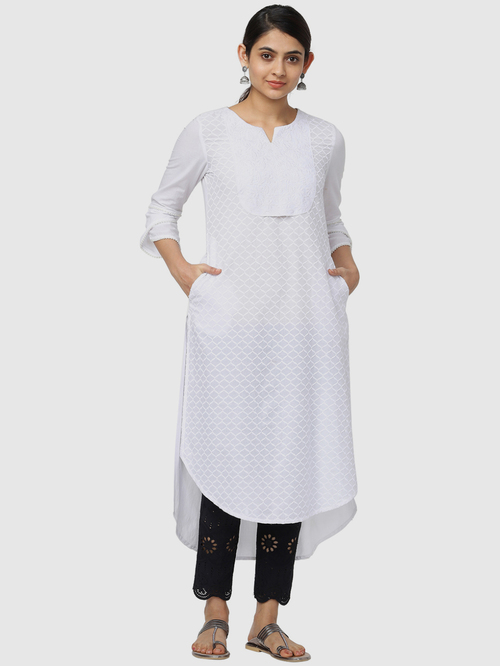 Naari White Cotton Embroidered High Low Kurta Price in India