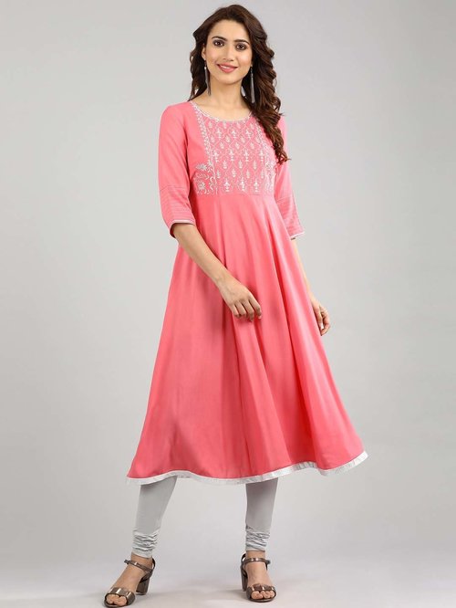 Aurelia Pink Embroidered A Line Kurti Price in India