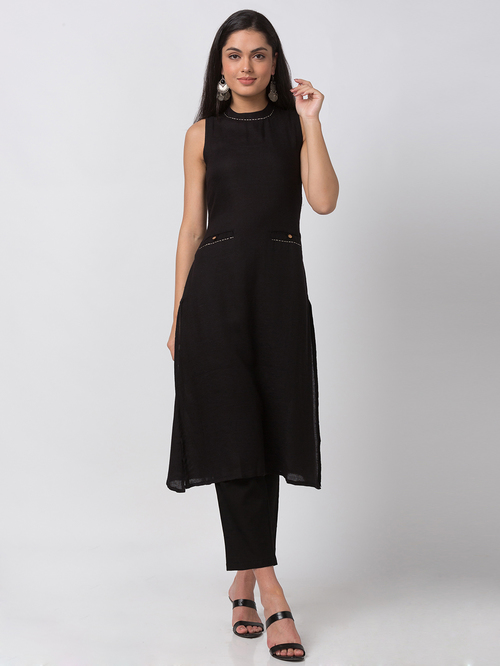 Ethnicity Black Cotton Straight Kurta Price in India