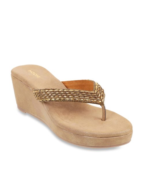 Mochi Antique Gold Thong Wedges Price in India