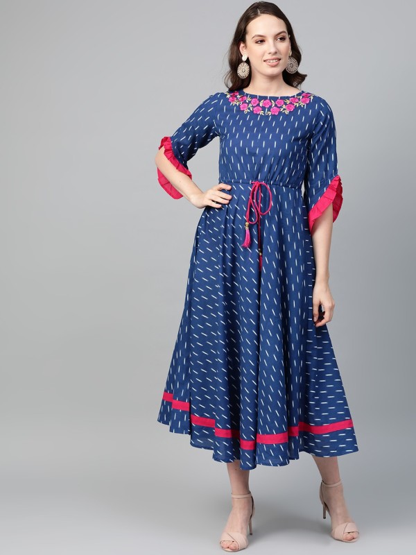 Women Gathered Blue Dress Price in India