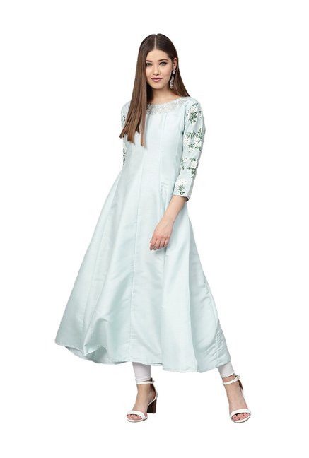 Ahalyaa Sky Blue Floral Print A Line Kurti Price in India