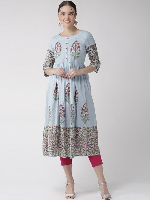 Rangmayee Blue Cotton Floral Print A Line Kurti Price in India