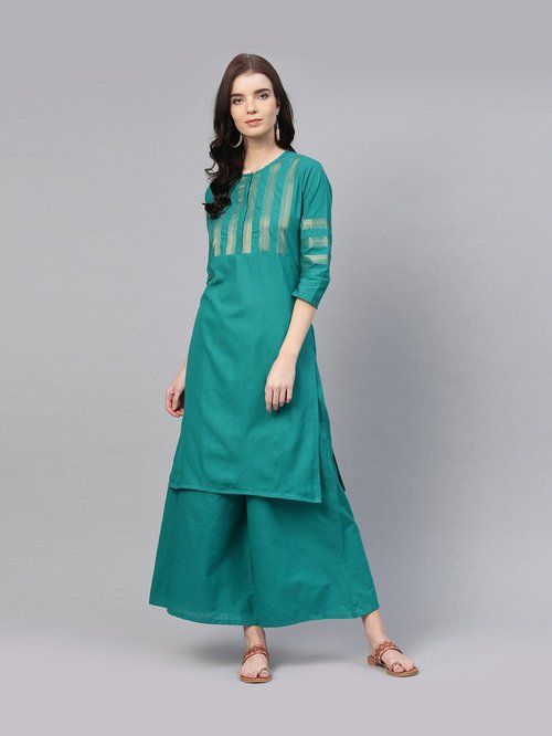 Bhama Couture Green Cotton Zari Work Kurti Palazzo Set Price in India