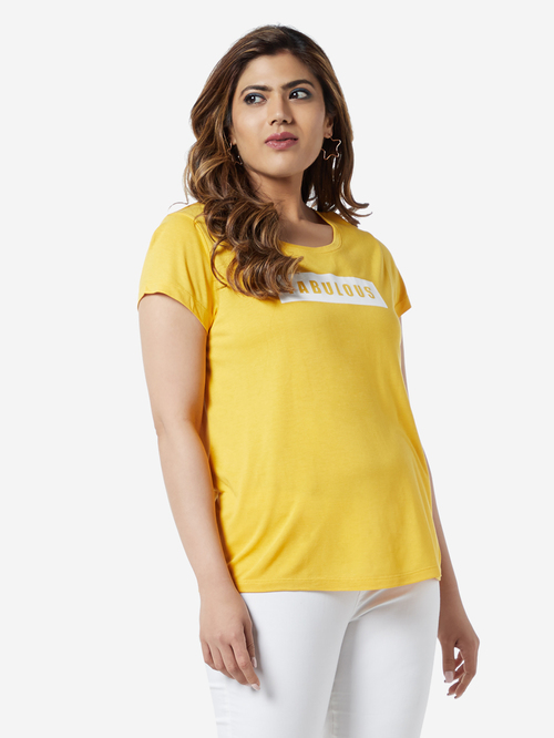 Sassy Soda Curve by Westside Yellow Text Print Edna T-Shirt Price in India